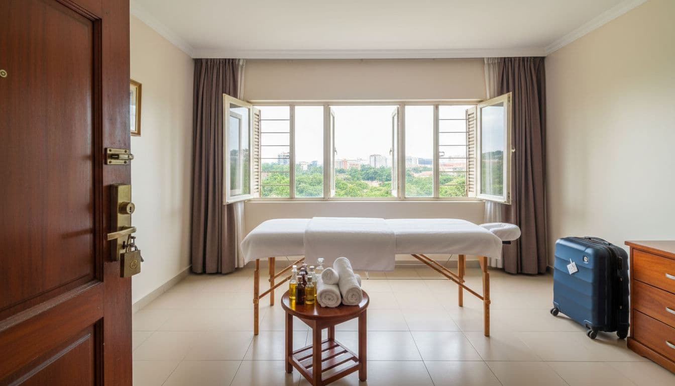 Nairobi Massage Guide: Styles, Prices, Safety, and Aftercare (2026) 11 Spacious empty Nairobi hotel room prepared for mobile massage with portable table centered under fresh white linens, side table with oils and towels, natural window lighting, secure door, and suitcase for travel feel.