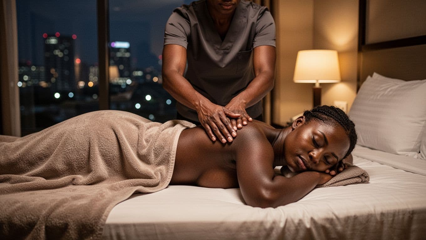 One massage therapist applies relaxed gentle pressure to the draped shoulders of a relaxed client lying face down on a comfortable hotel bed in a modern Nairobi hotel room, with soft city lights through the window and warm ambient glow from bedside lamp creating a cozy intimate setting.