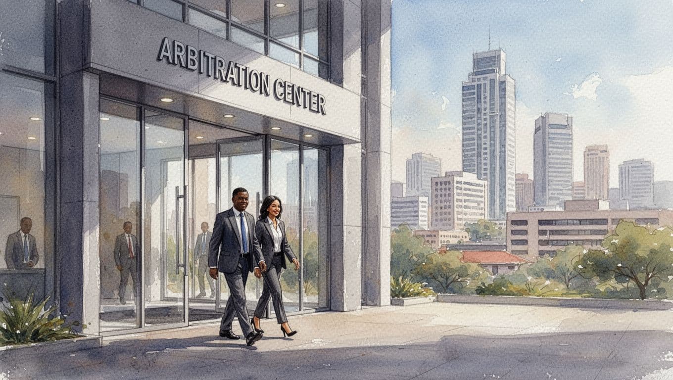 Watercolor depiction of the modern exterior of the Nairobi Centre for International Arbitration building, with two business professionals entering through glass doors for an arbitration hearing against a Nairobi cityscape background.