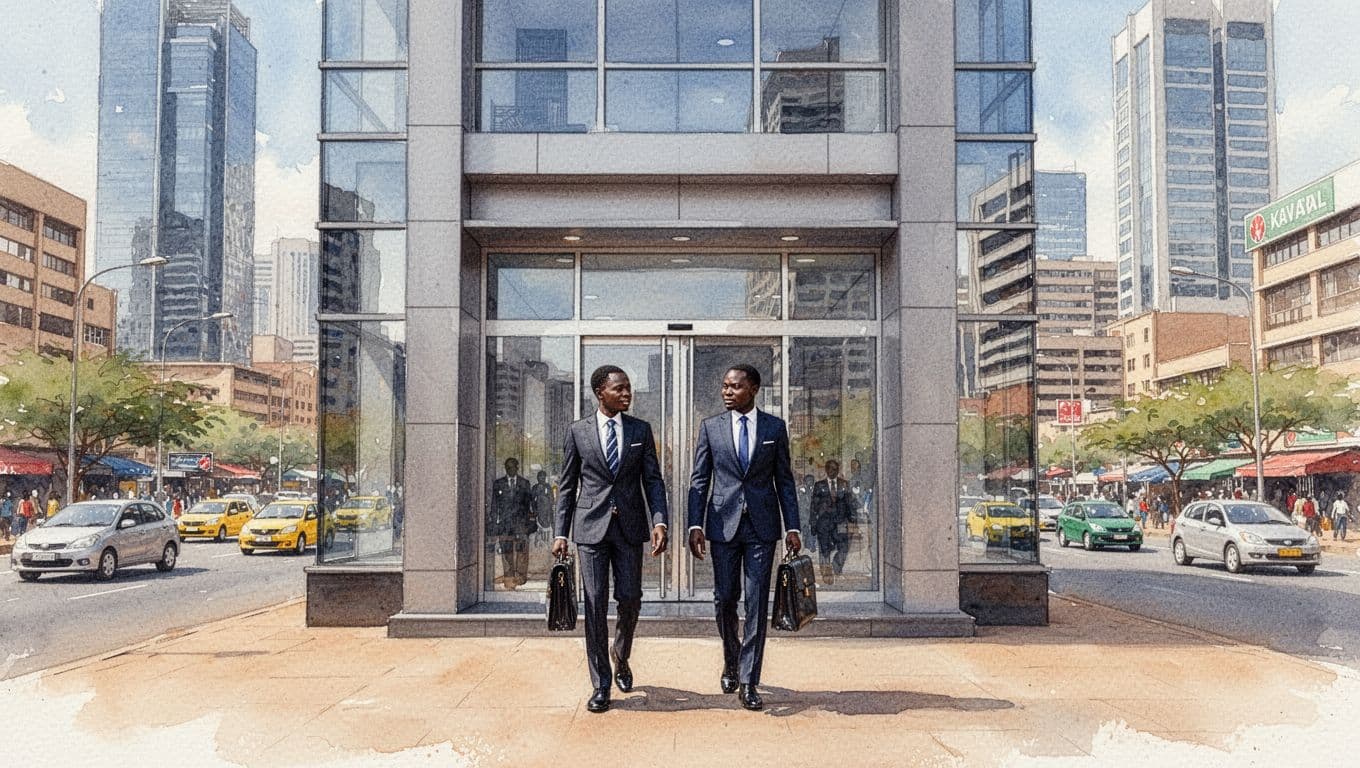 Watercolor painting of the modern facade of Nairobi Centre for International Arbitration on a bustling city street, featuring exactly two Kenyan business professionals in suits with briefcases walking toward the entrance, surrounded by skyscrapers and traffic in bright daylight.