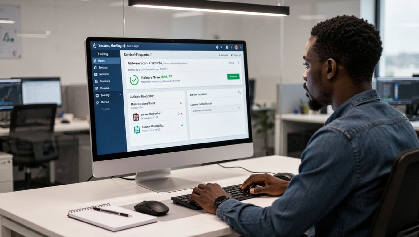 A modern IT admin in Nairobi examines a secure hosting dashboard on a desktop monitor displaying malware scan results and server isolation settings, set on a clean office desk with mouse and notepad under soft lighting.