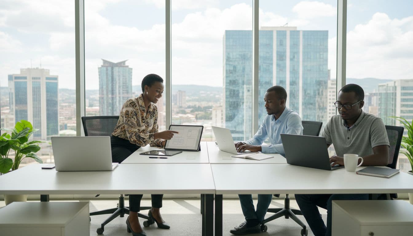 Modern Nairobi office with diverse team of three web designers at desks using laptops and tablet, bright natural light from windows overlooking city skyline, collaborative professional atmosphere.