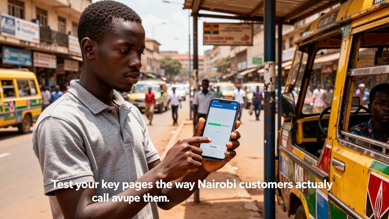 A young Kenyan business owner in casual attire checks website loading speed on a smartphone using a mobile speed test tool near a matatu stop on a busy Nairobi street. Realistic photograph in bright midday sunlight with blurred urban background and focused expression.