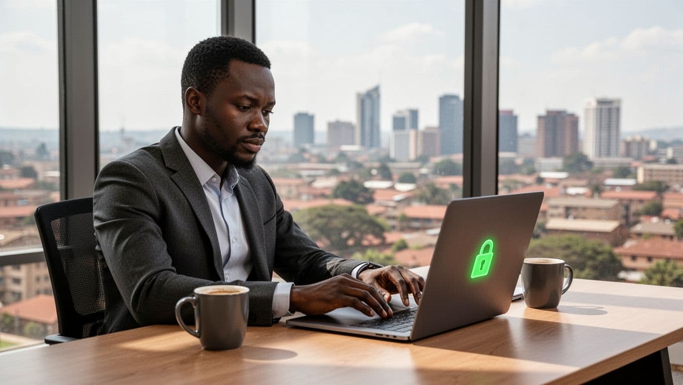 Modern Kenyan business owner at desk in Nairobi office, relaxed pose checking secure domain dashboard on angled laptop screen with glowing green lock icon, coffee mug nearby, cityscape background through large window, natural daylight.