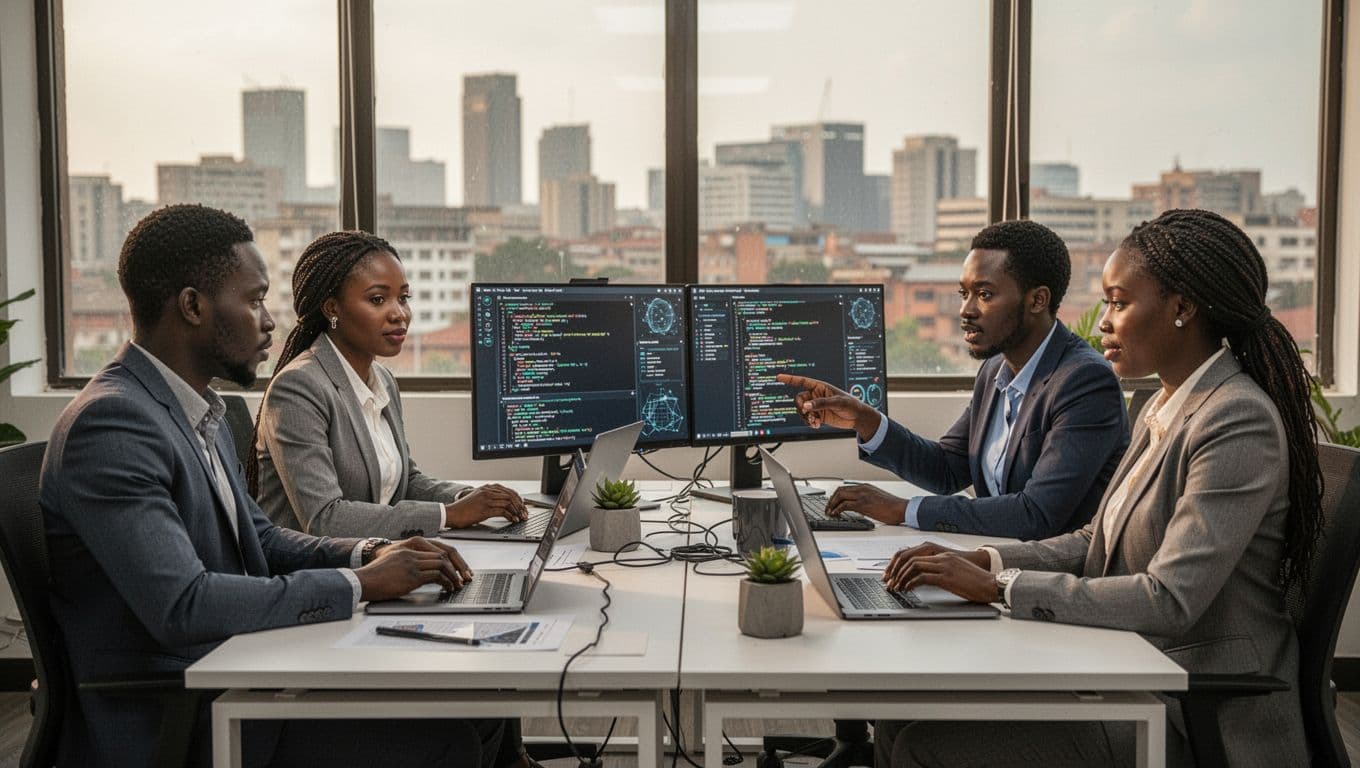 Team of four diverse Kenyan cyber security professionals collaborates in a modern Nairobi office with city skyline view, reviewing security dashboards on laptops.