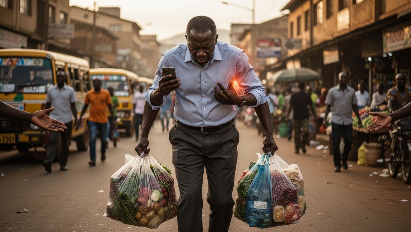 A middle-aged Kenyan man in business casual clothes walks tensely on a bustling Kilimani street in Nairobi, carrying heavy shopping bags and a phone, with hunched shoulders, arched lower back, and fatigued legs amid blurred urban background.