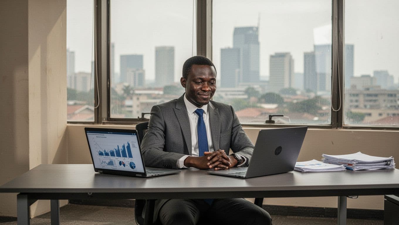 Modern Nairobi office interior with a Kenyan business professional reviewing website analytics on a laptop, subtle city skyline through large window, natural daylight lighting, realistic photography style.