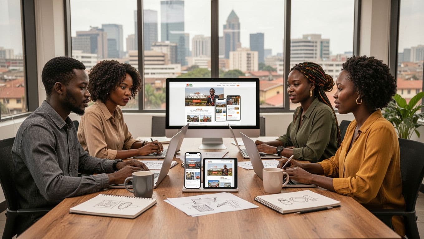 Modern Nairobi office with a diverse team of four Kenyan web developers (two men, two women) around a conference table, working on a responsive website for a Kenyan SME; laptops show multi-device previews, notebooks, coffee, natural daylight, city skyline.