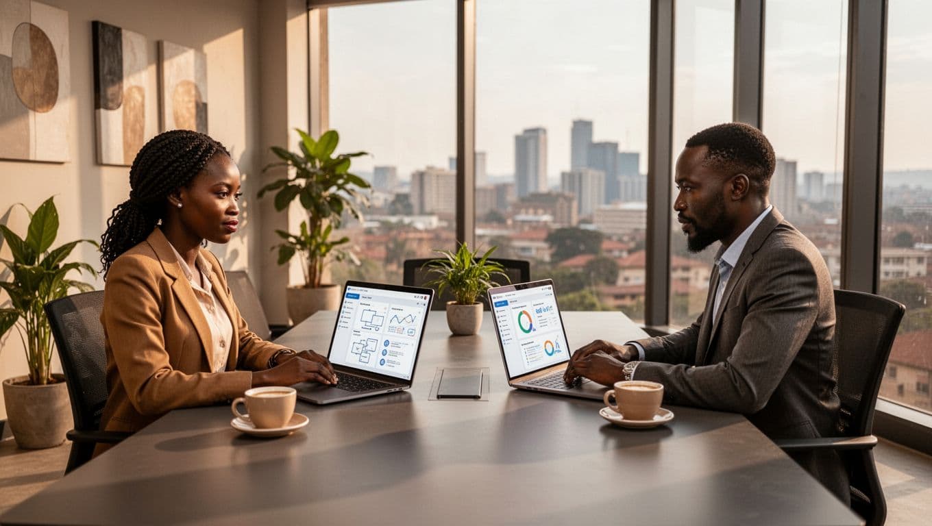 Interior of a modern web development agency office in Nairobi, Kenya, with three diverse Kenyan professionals seated around a conference table, laptops open to website wireframes and SEO tools, relaxed collaboration amid potted plants, Kenyan wall art, coffee cups, and city skyline view through large windows.