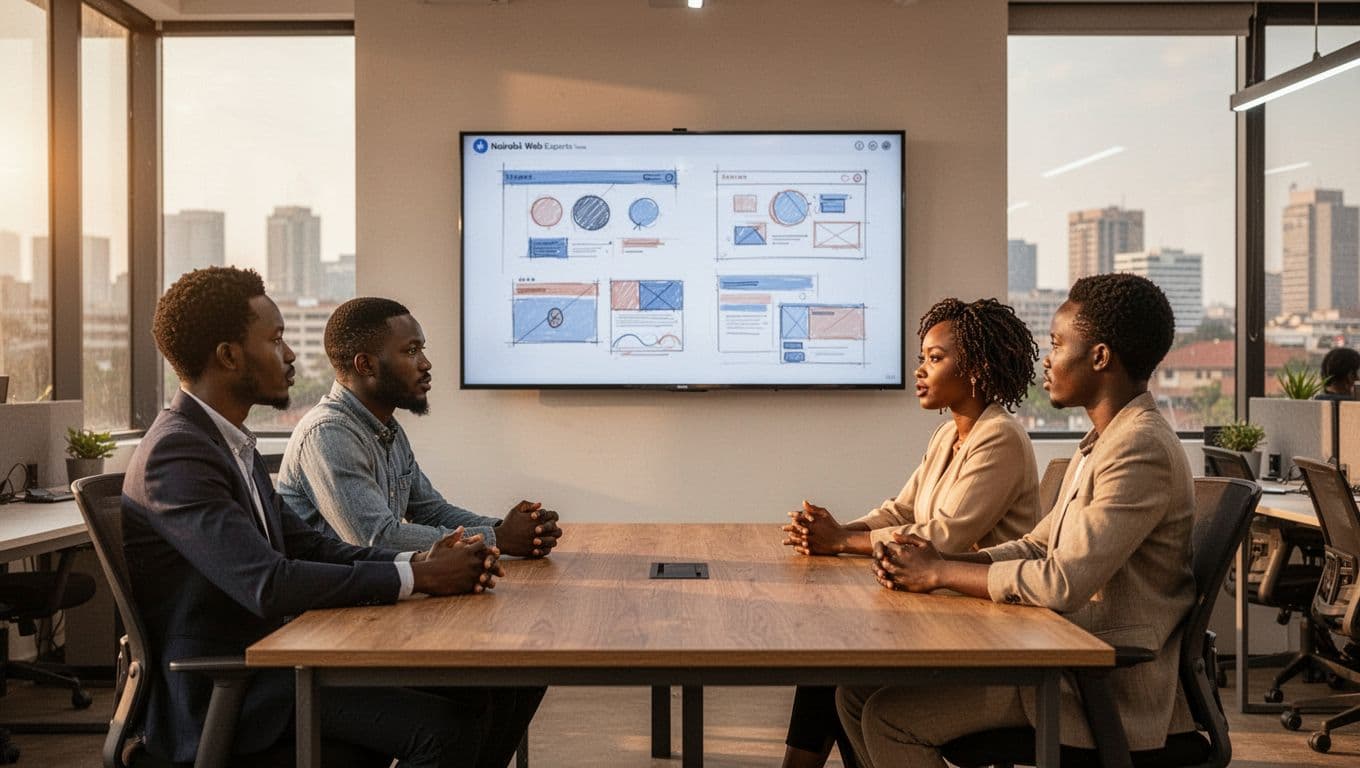 Three diverse Kenyan professionals (two men, one woman) collaborate in a modern open-plan Nairobi office, reviewing abstract website wireframes on a large wall monitor with the city skyline visible through large windows.
