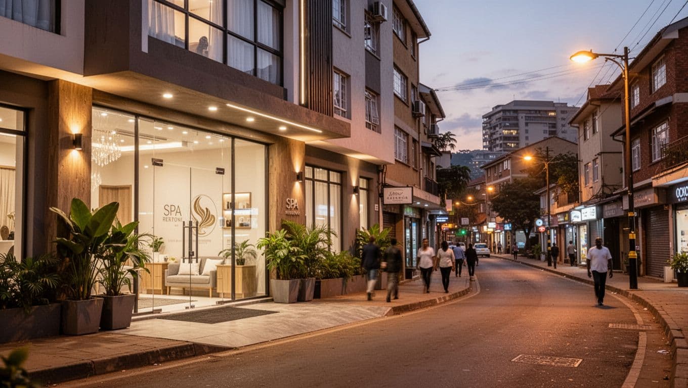 Massage Nairobi: How to Choose the Right Spa and Treatment 2 Vibrant upscale Nairobi neighborhood street in Kilimani or Westlands at dusk, modern spa building entrance with glass doors and plants, warm ambient lighting, one distant pedestrian, realistic photography.