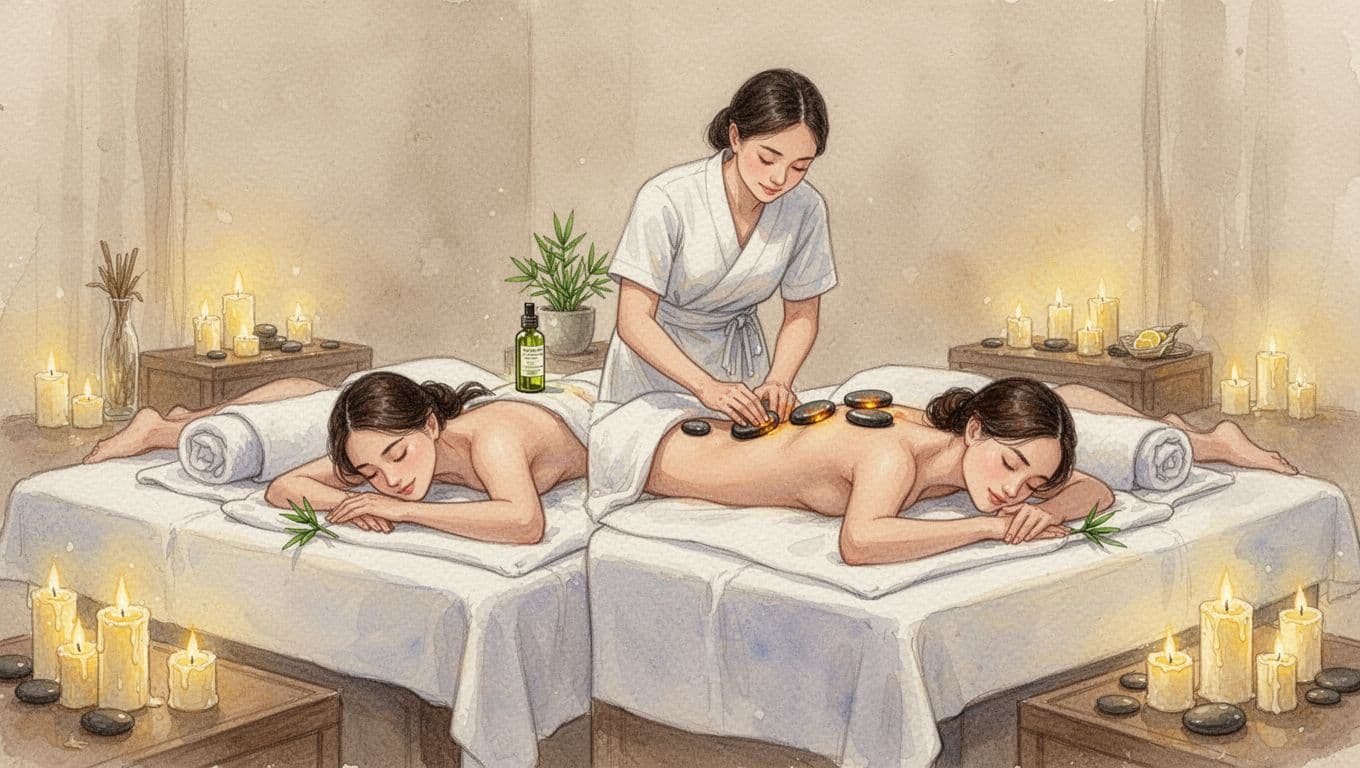 A couple lies face down on adjacent massage tables in a serene Kilimani Nairobi spa couples room, with a therapist applying lemongrass aromatherapy oil to one back and placing warm hot stones along the other's spine amid candles and warm ambient light, in watercolor style with soft blending.
