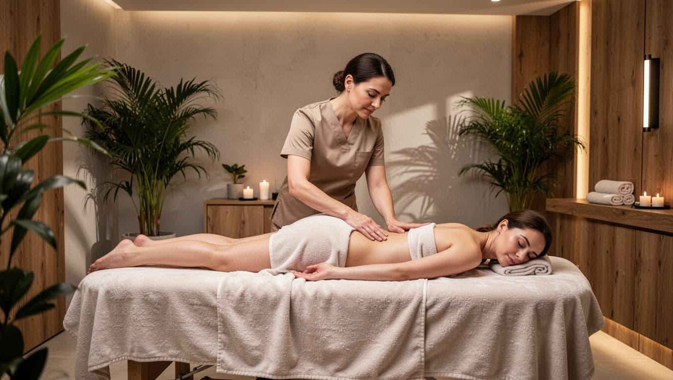 Best Full Body Massage Spa in Nairobi 7 Skilled female Kenyan therapist in professional uniform applies Swedish long strokes to a relaxed female client's lower back and legs on a plush table in an upscale spa in Nairobi's Kilimani area, with warm lighting and tropical decor.