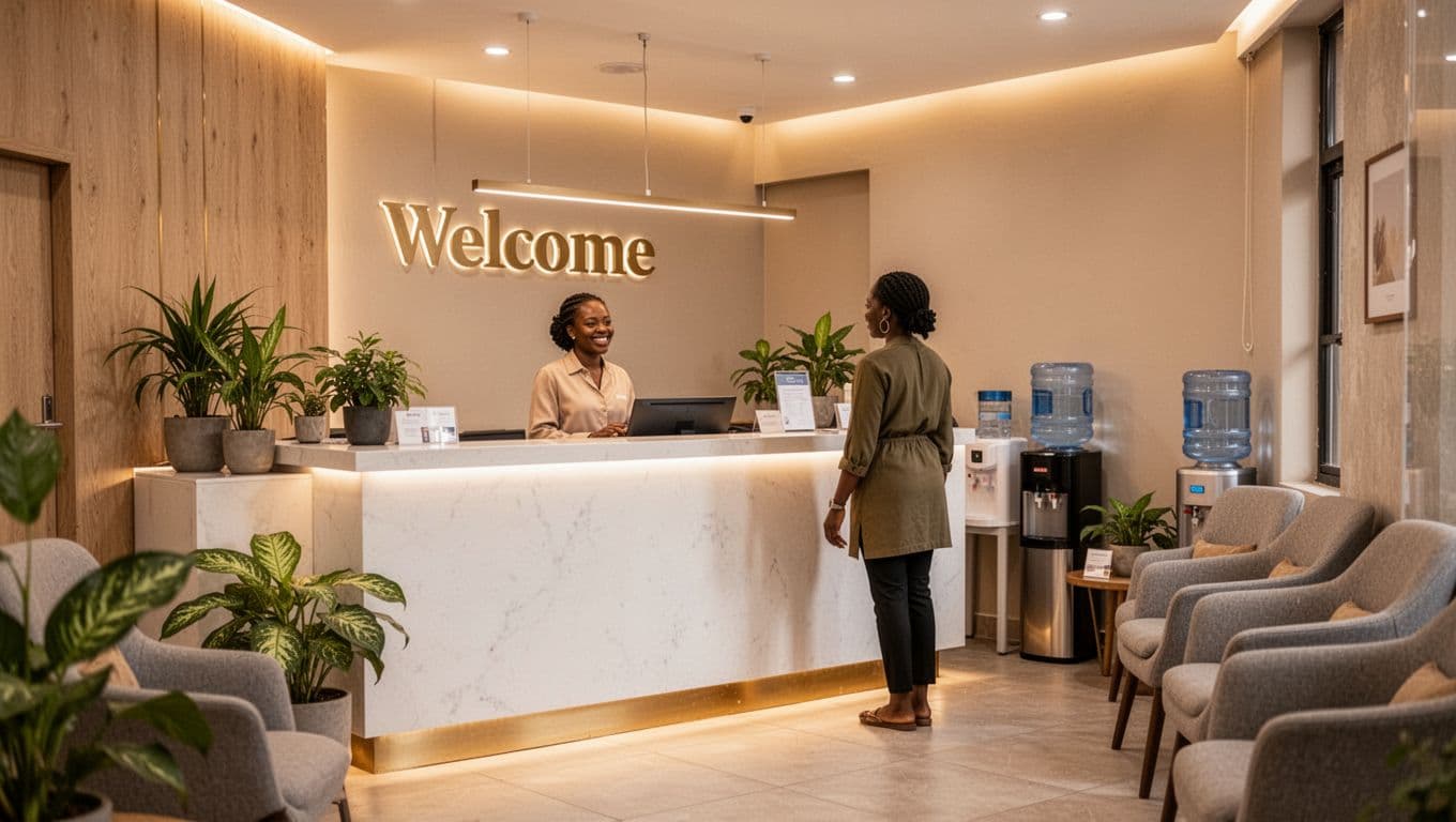 Massage Nairobi: How to Choose the Right Spa and Treatment 8 Friendly receptionist smiling behind clean counter with plants and soft lighting at a modern Nairobi spa in Kilimani, comfortable waiting area with chairs and water station, client approaching.