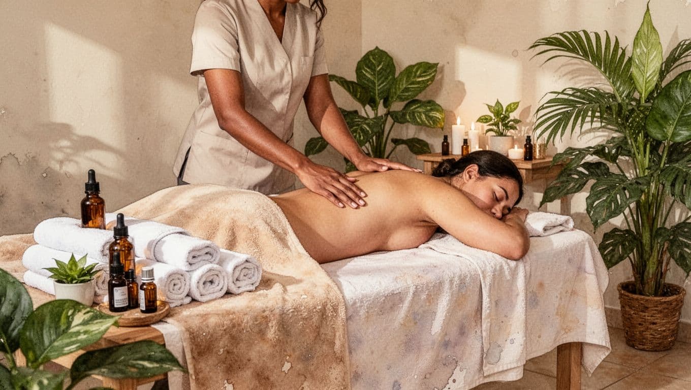 Therapist's hands apply smooth strokes to a fully draped client's back on a massage table in a serene Kilimani spa room in Nairobi, surrounded by fresh towels, essential oils, and tropical plants.