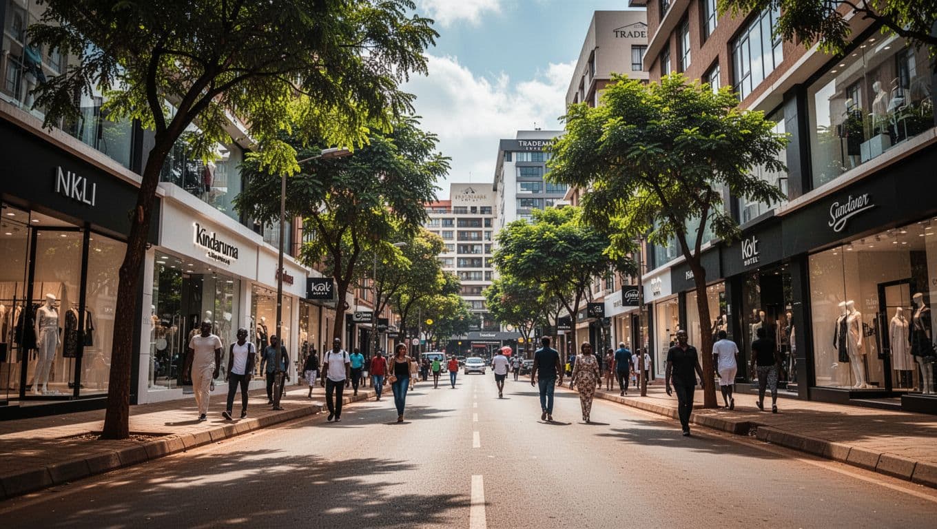 Vibrant daytime street scene along Kindaruma Road in Nairobi's upscale Kilimani neighborhood, featuring modern shops, green trees, and casual pedestrians in a cinematic style with dramatic lighting.