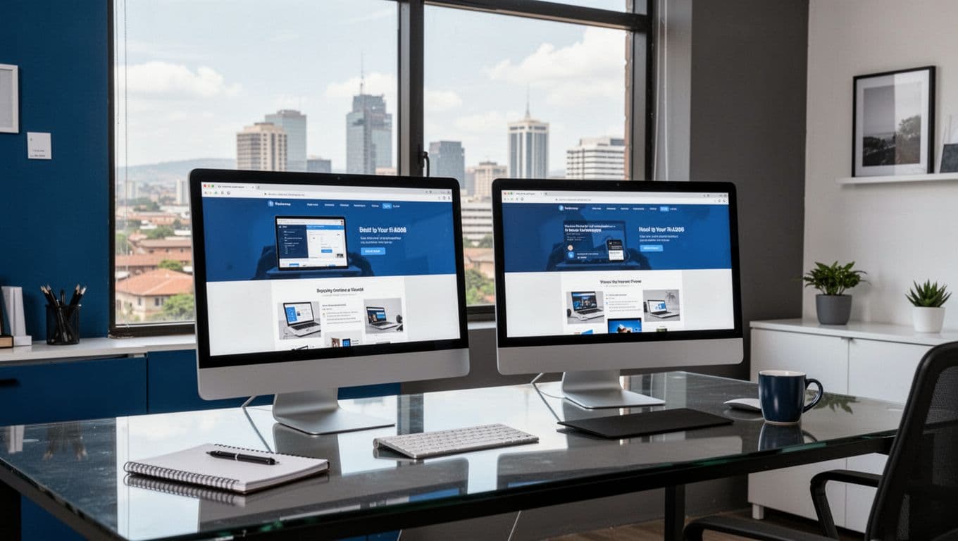 Professional modern Nairobi web development office interior with dual monitors displaying law firm website mockups, Kenyan skyline view, clean blue-white-charcoal tones, polished desks, realistic daylight, no people.