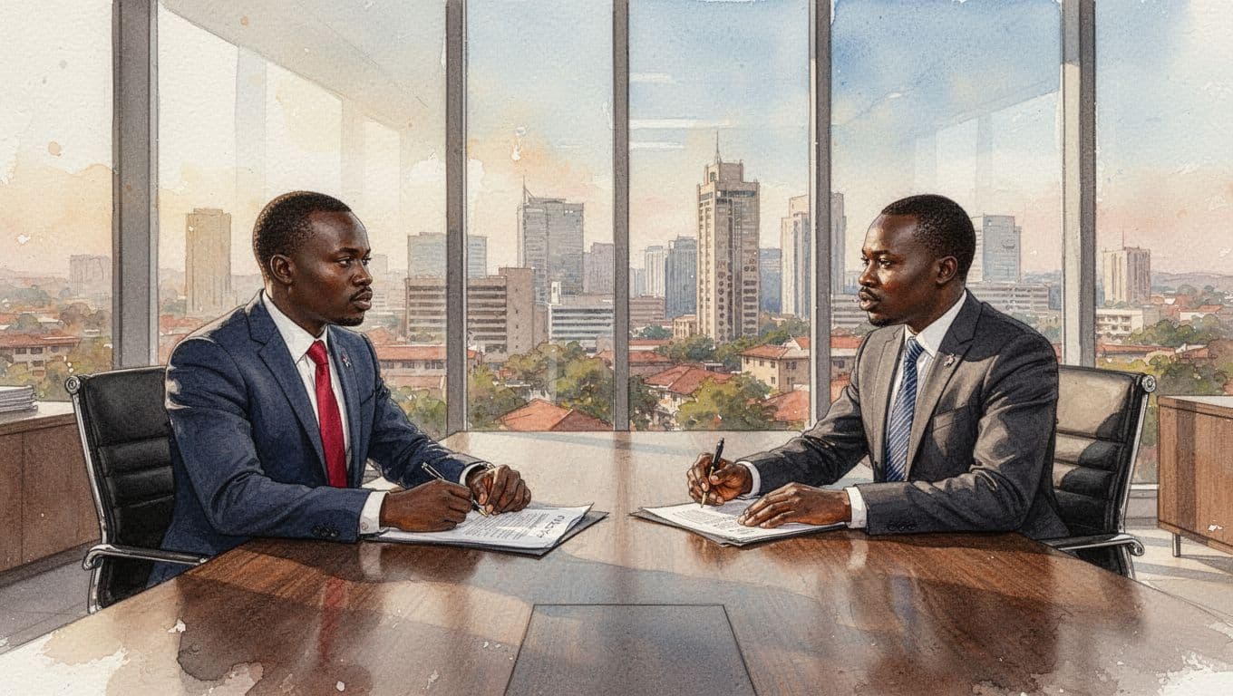 Two Kenyan lawyers in suits discuss ADR documents around a conference table in a modern sunlit Nairobi law office with city skyline, watercolor style.