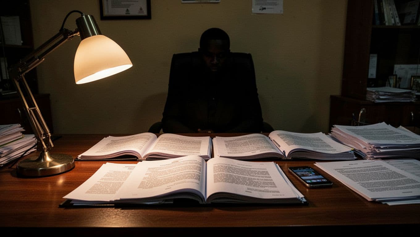 A legal desk with documents, a lamp, a phone, and one shadowed person.