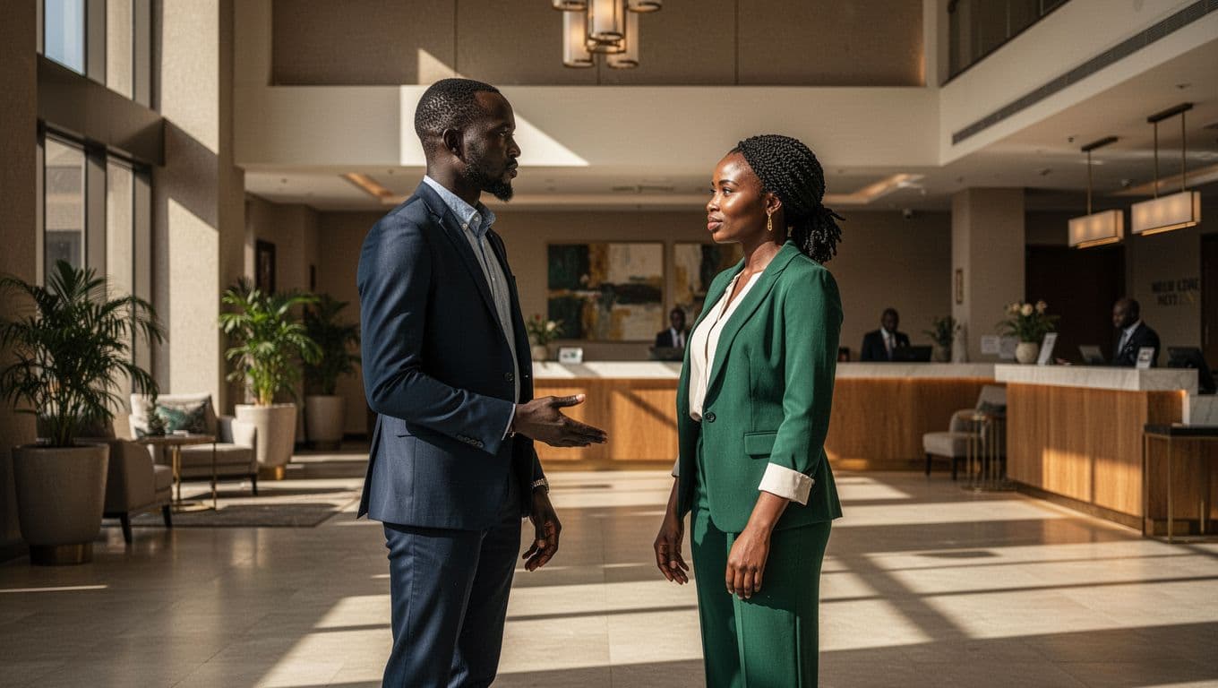 A man and woman meet apart in a bright Nairobi hotel lobby.