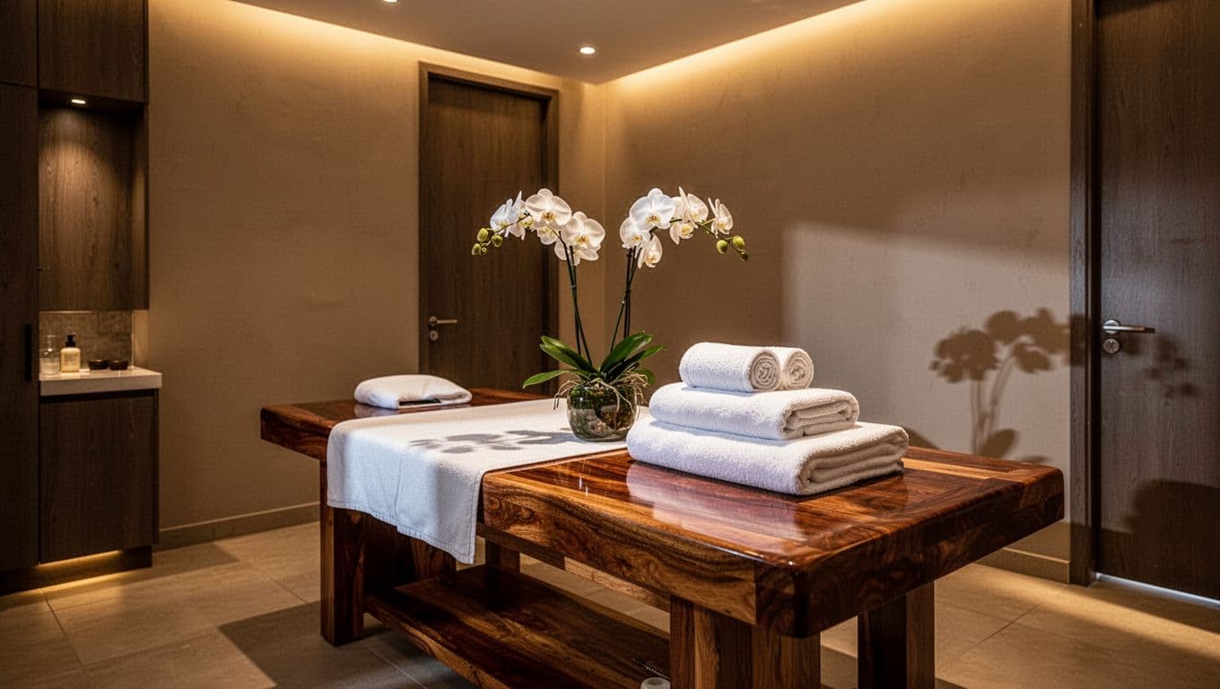 A wooden massage table with white towels and orchids in a softly lit spa room.