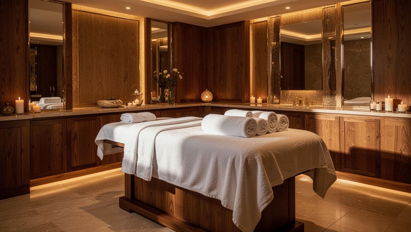 A plush massage table, wooden decor, and folded towels fill a warmly lit spa room.