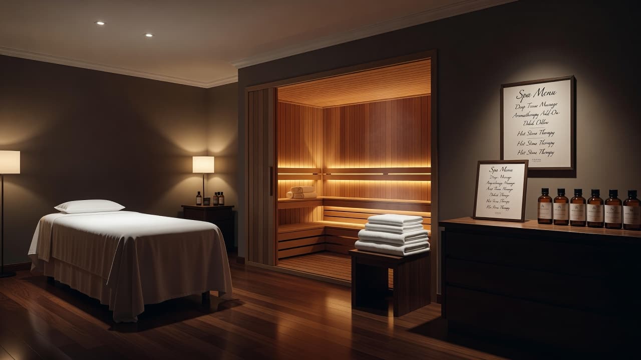 A pristine massage table sits under warm ambient lighting, while a wooden sauna glows in the background. Freshly folded towels and a treatment menu rest neatly on a nearby stone surface.