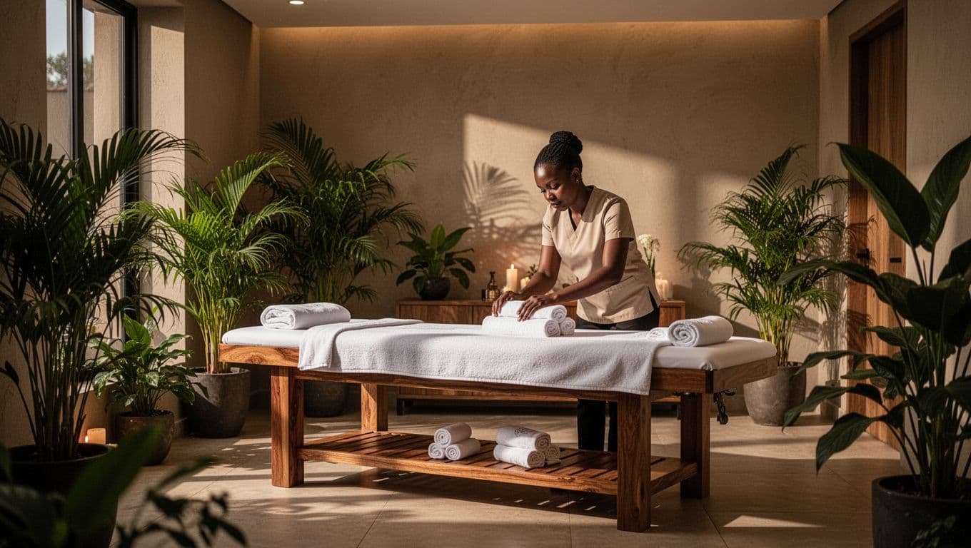 A tranquil therapy space features rolled soft towels on a wooden massage table. Lush greenery sits beside glowing warm lamps, creating a soothing atmosphere within this professional Kilimani wellness retreat.