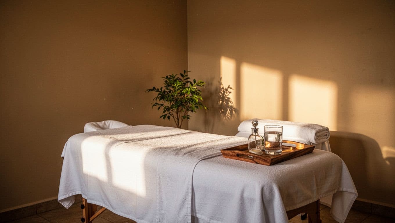A plush massage table with crisp white linens sits in a dimly lit, minimalist room. A wooden tray holding fresh water rests beside a leafy indoor plant against textured walls.