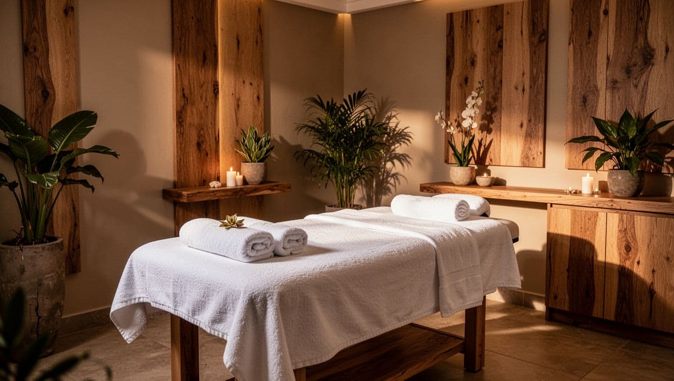 A serene spa room in Nairobi featuring a prepared massage table and warm lighting.