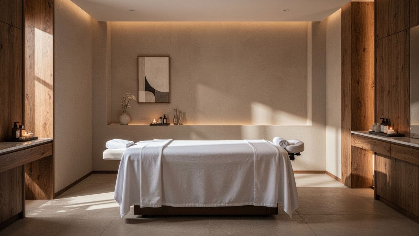 A pristine massage table draped with crisp white linens sits centered in a minimalist Nairobi treatment room. Warm ambient light casts soft shadows across polished surfaces, highlighting the serene professional atmosphere.