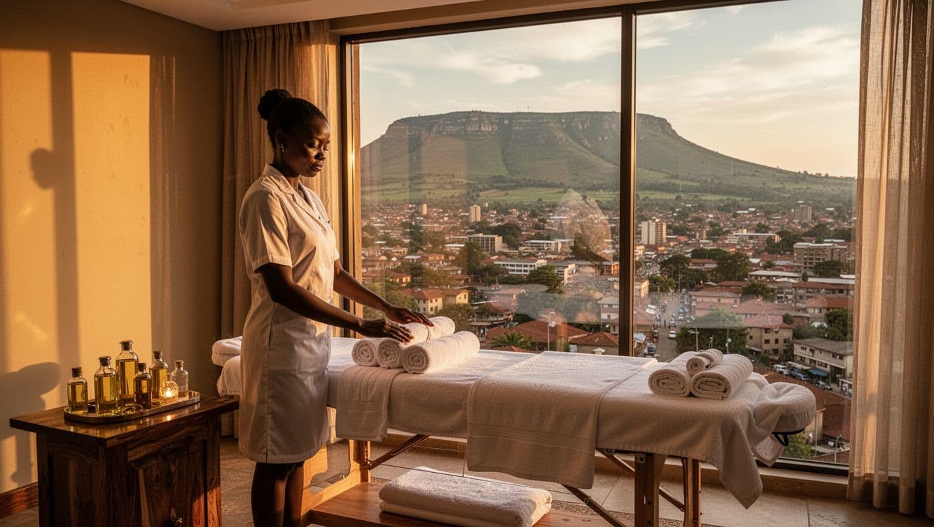 Serene interior of a luxurious spa treatment room in Nairobi, featuring a large window contrasting bustling city streets below with distant lush Ngong Hills, prepared massage table, and one calm therapist.