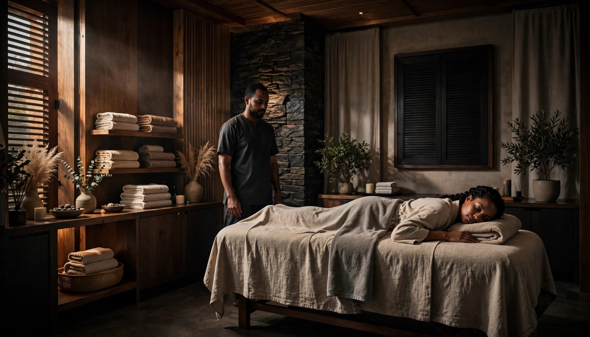 Client resting on a massage table as a therapist stands in a warm Nairobi spa room.