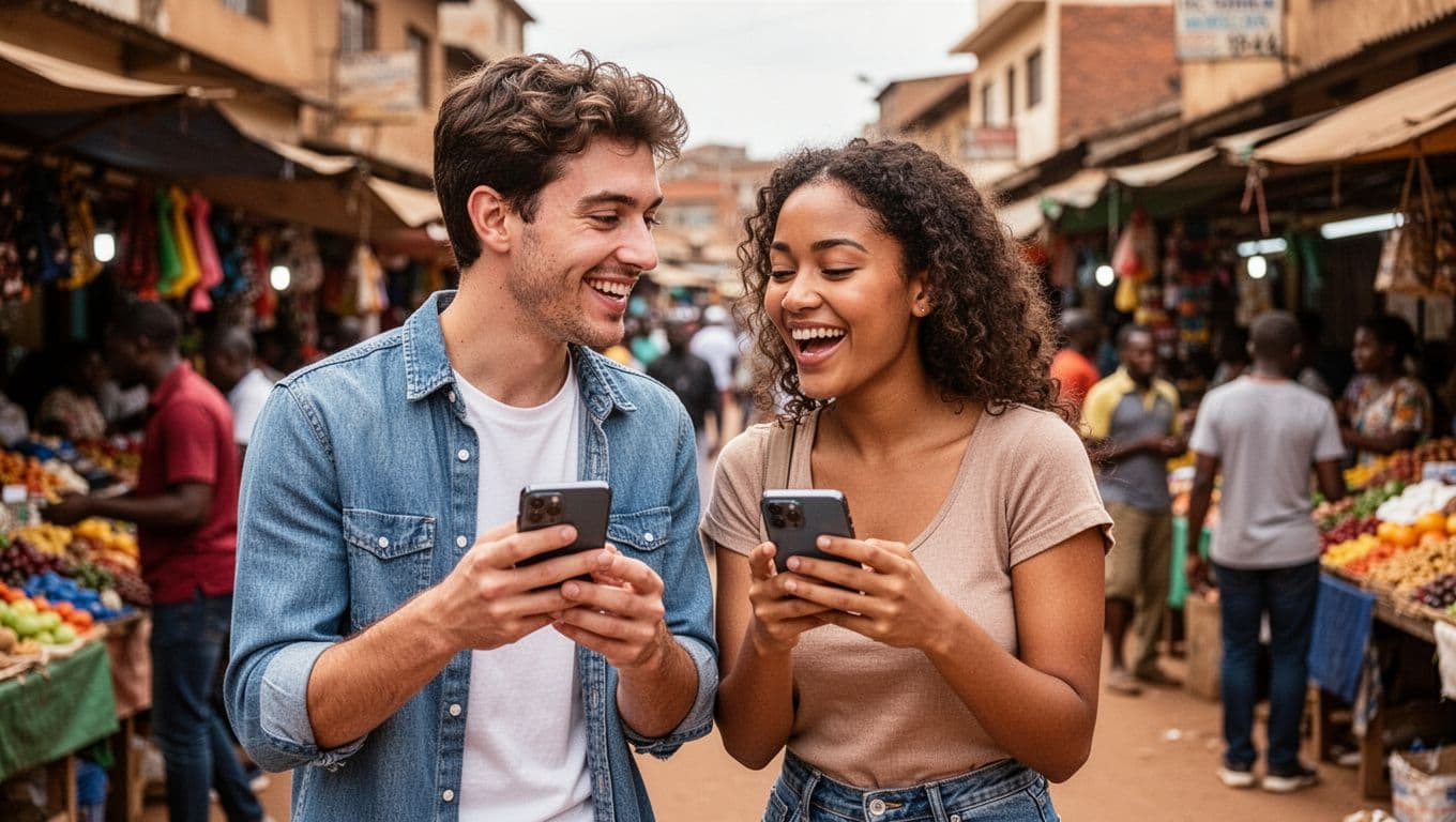 A young man and woman stand closely in a bustling Nairobi street market, excitedly chatting on smartphones after a dating app match, with natural smiles and blurred vibrant stalls in daylight.