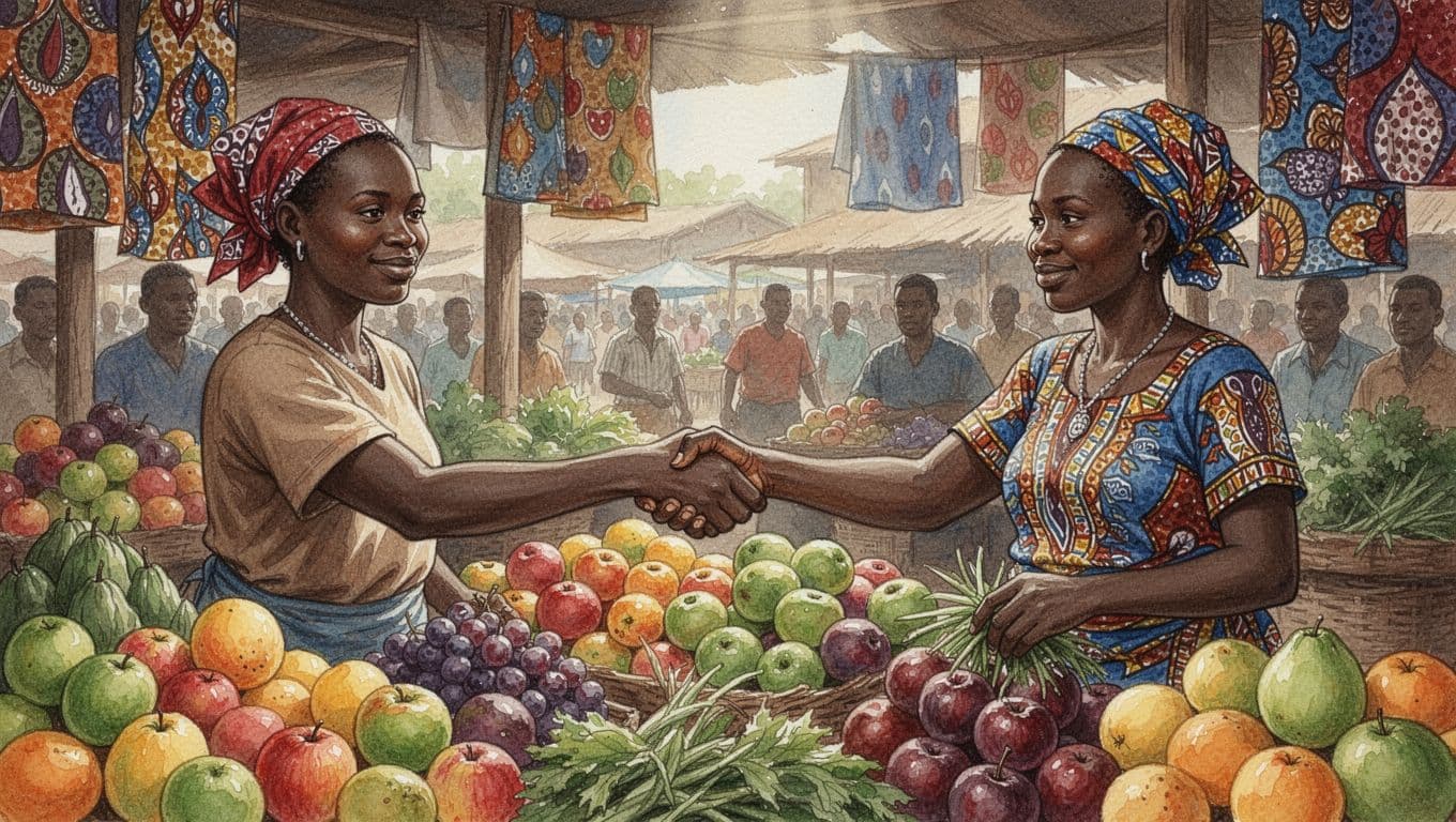 Watercolor painting of two Kenyan market vendors shaking hands over fresh produce at a bustling Nairobi market stall, with soft blended colors, visible brush strokes, and warm earthy tones.