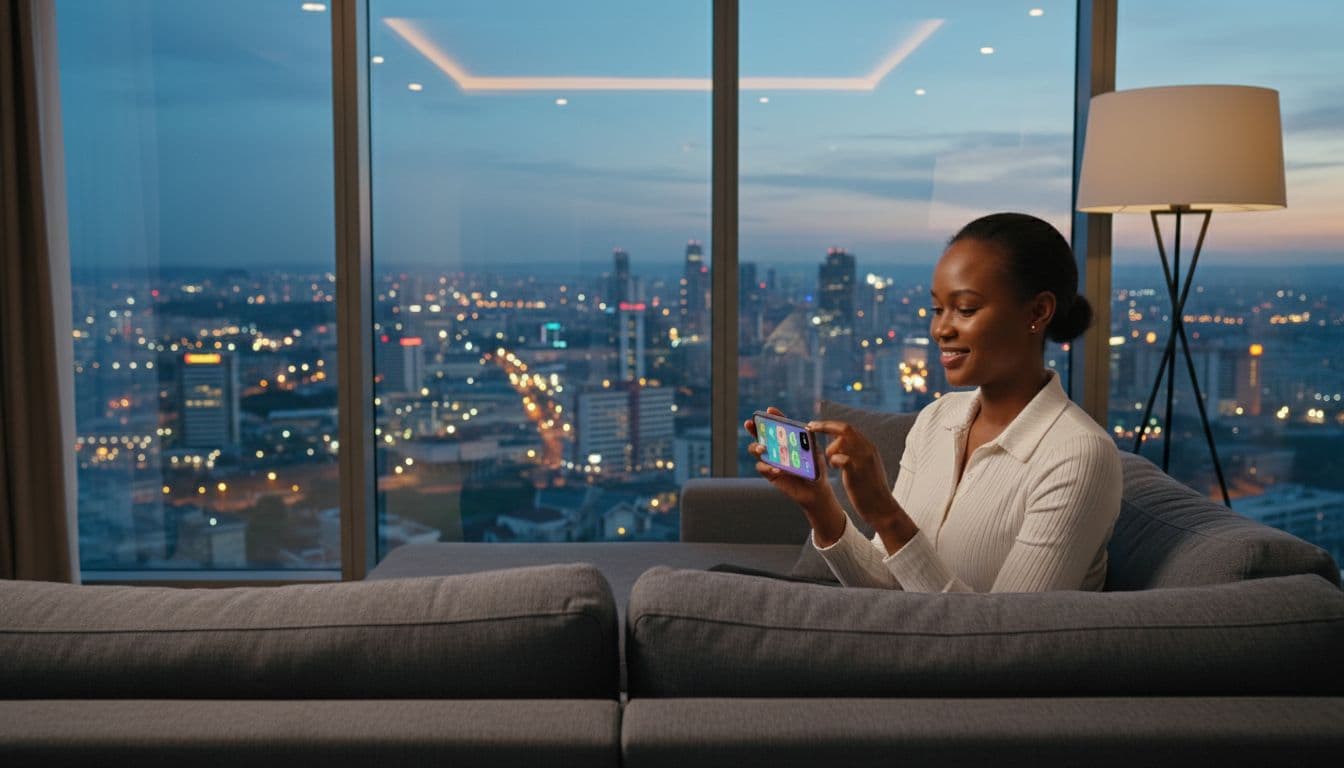 Nairobi Massage Guide: Styles, Prices, Safety, and Aftercare (2026) 2 One person sits comfortably on a sofa in a modern Nairobi living room, holding a smartphone with a relaxed smile while browsing massage booking options. A large window shows city lights at dusk with warm indoor lighting in realistic photo style.