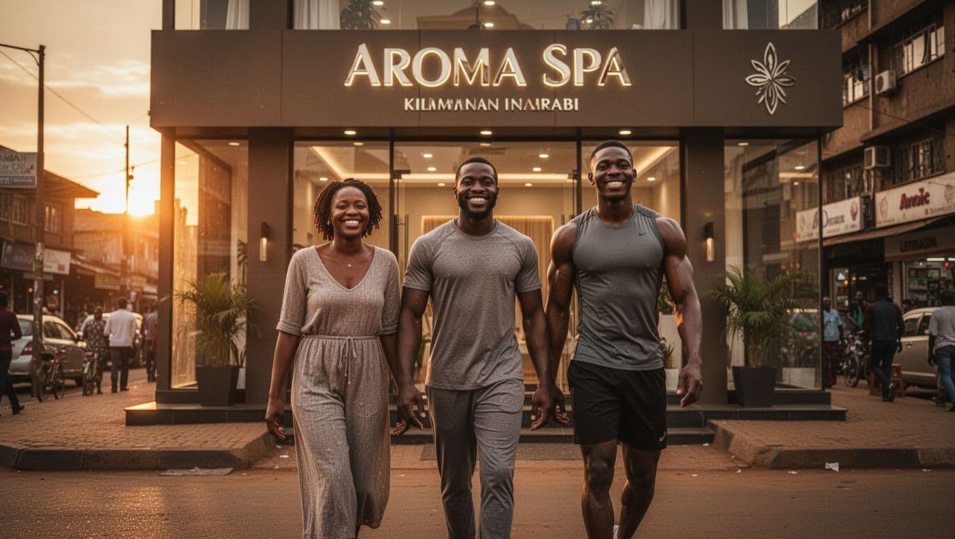 Three satisfied clients—a smiling couple and male athlete—emerge energized from Aroma Spa entrance in bustling Kilimani Nairobi street at golden hour sunset, walking relaxed toward the camera with modern spa facade glowing behind.