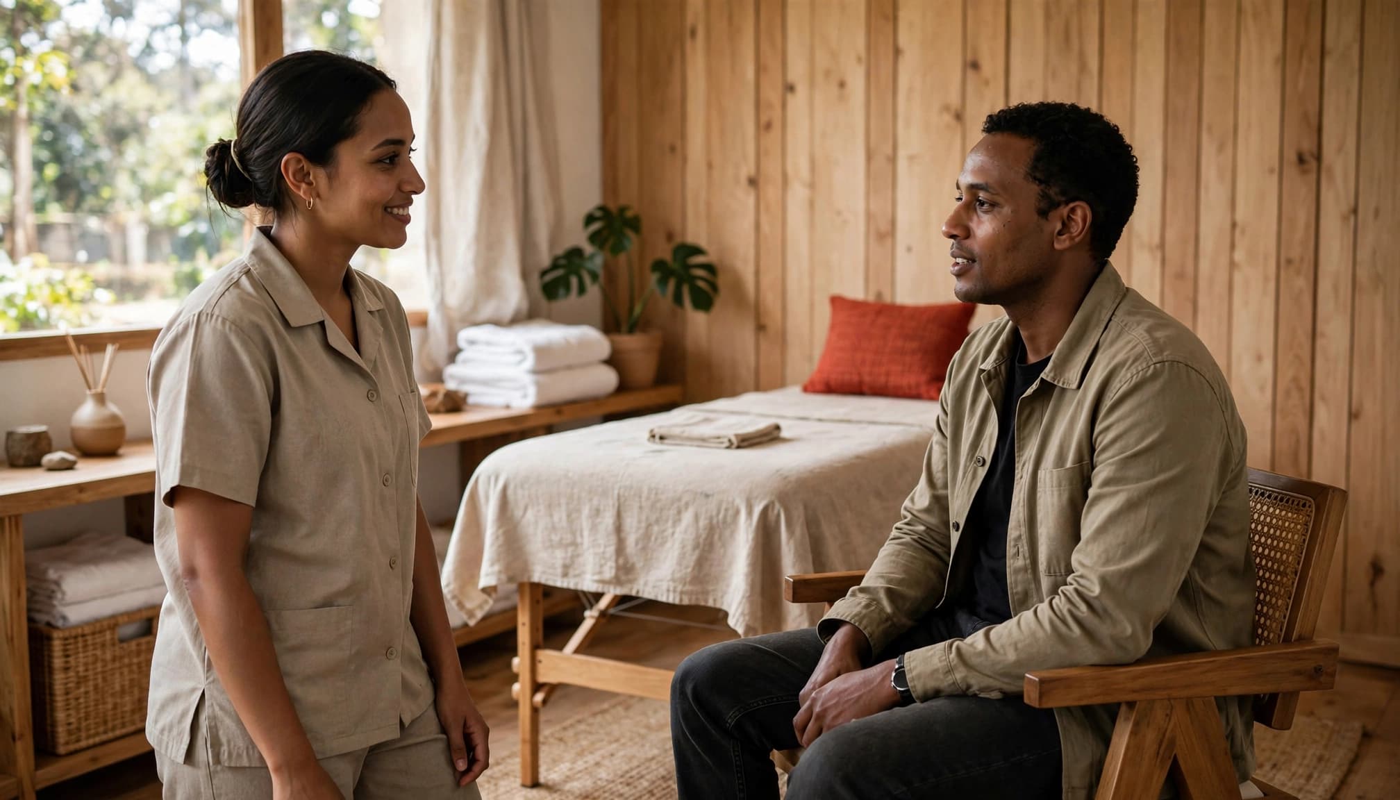 A smiling therapist speaks with a seated client in a calm wellness studio.