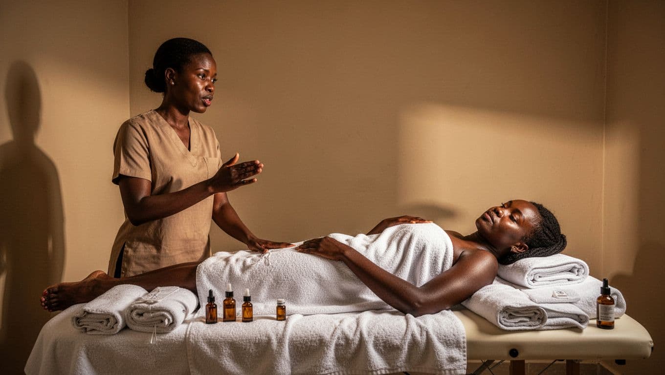 A client rests by a massage table as a therapist discusses treatment options.