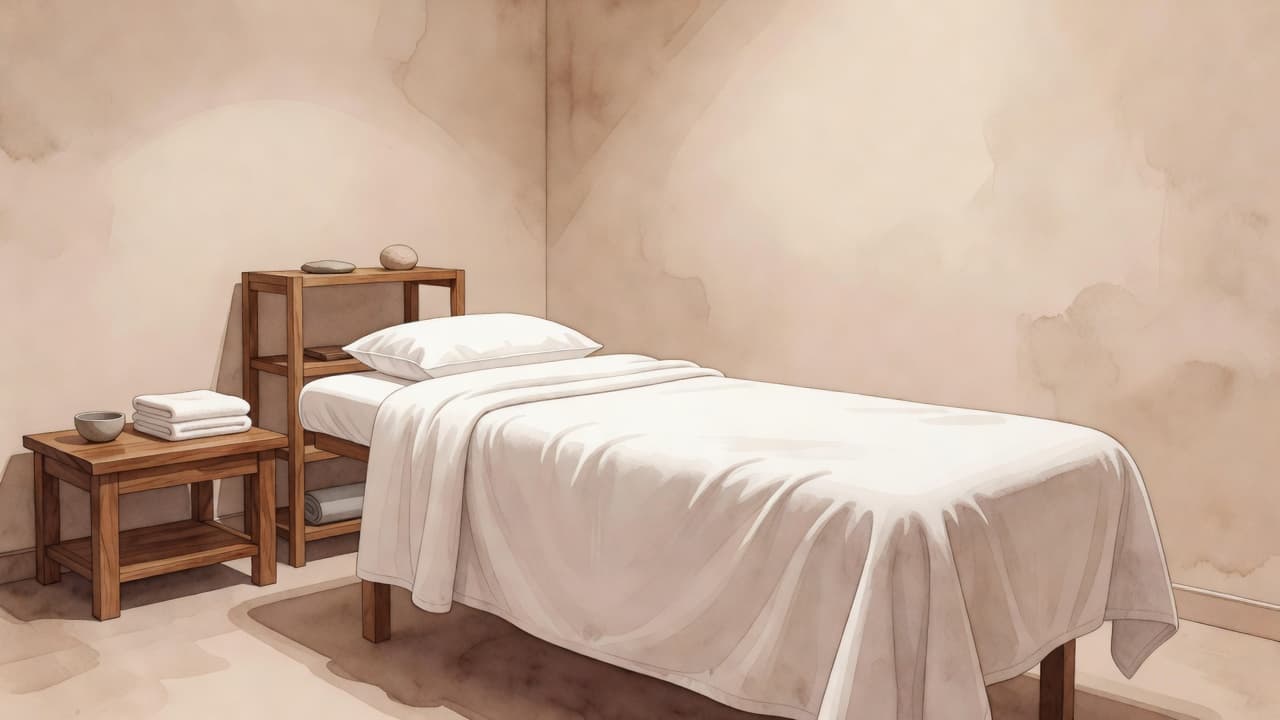 A clean massage table draped in soft white linens sits centered in a dimly lit room. Warm ambient light illuminates wooden accents and neutral walls with gentle watercolor style brush strokes.