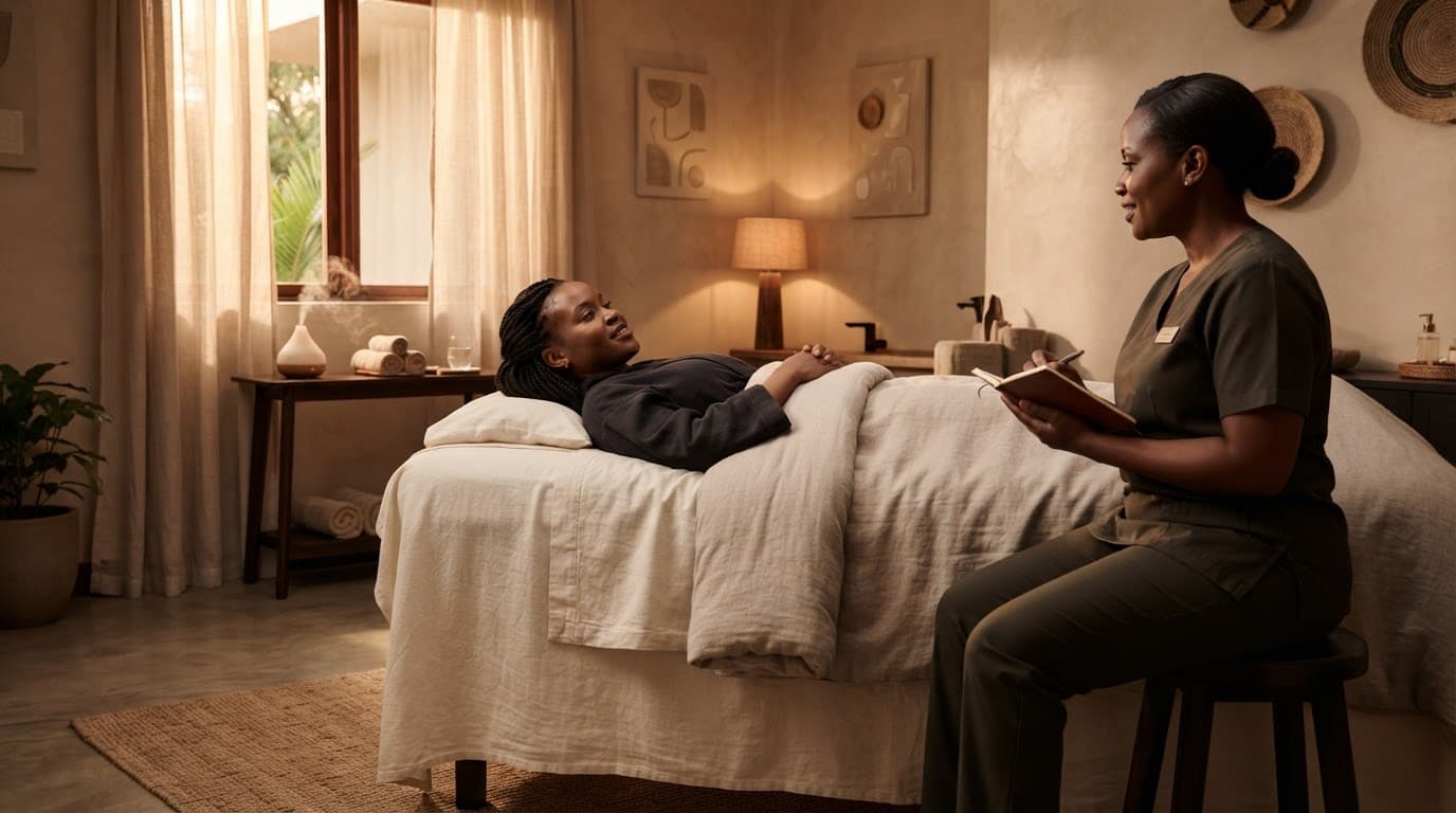A therapist speaks with a covered client beside a massage table.