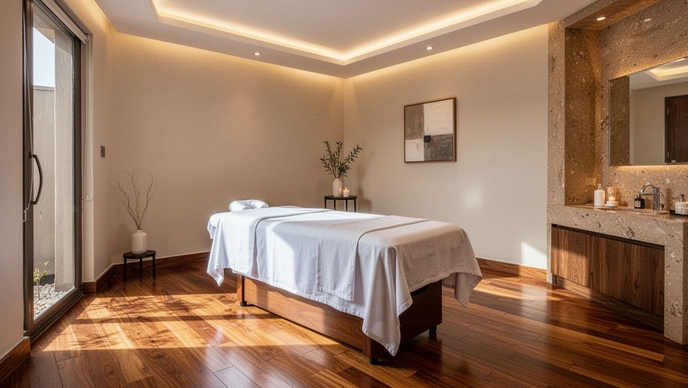 A tranquil treatment room in a Nairobi spa features a plush massage table draped in crisp white linens. Soft, warm ambient light illuminates the minimalist wooden decor and serene, inviting atmosphere.