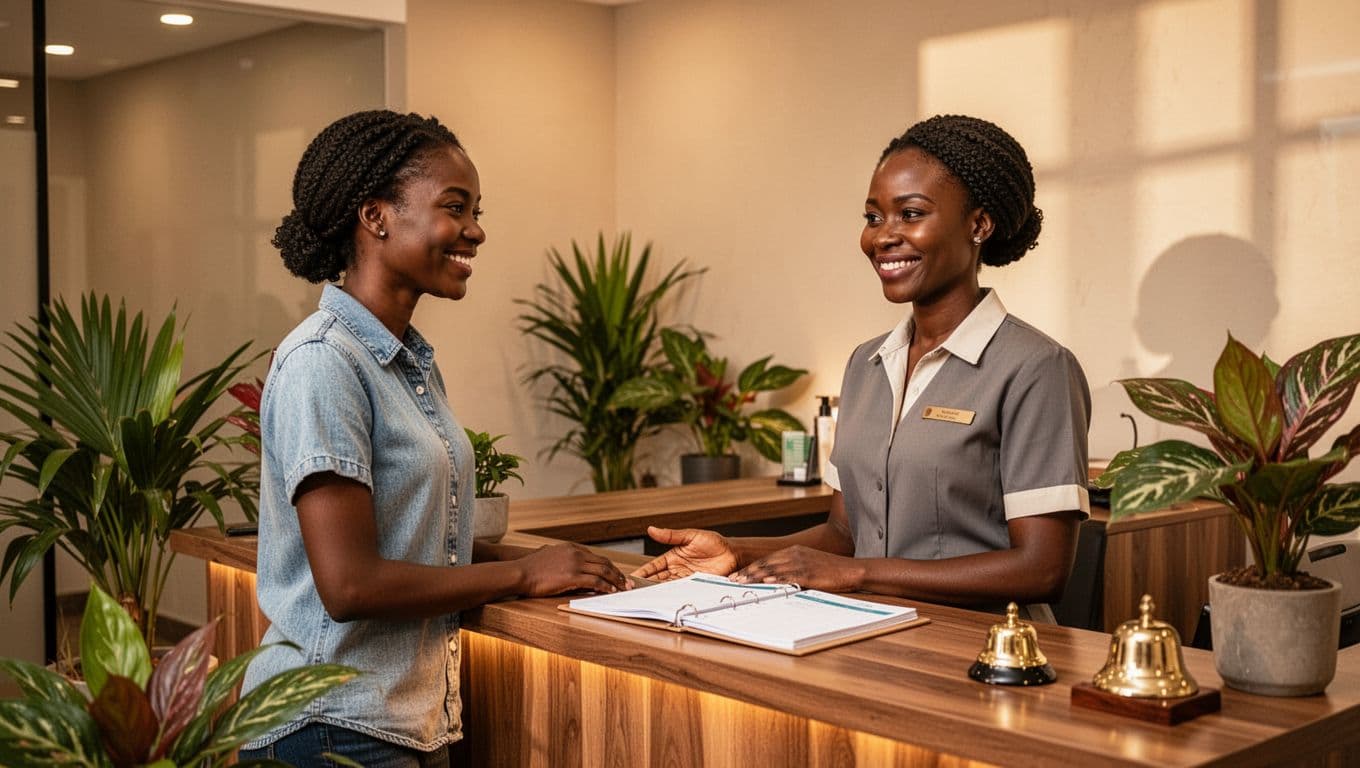 Friendly mid-30s African female receptionist at a clean modern Nairobi massage spa front desk welcomes a casually dressed relaxed client, both smiling professionally amid tropical plants, wooden accents, check-in counter, and warm soft lighting.