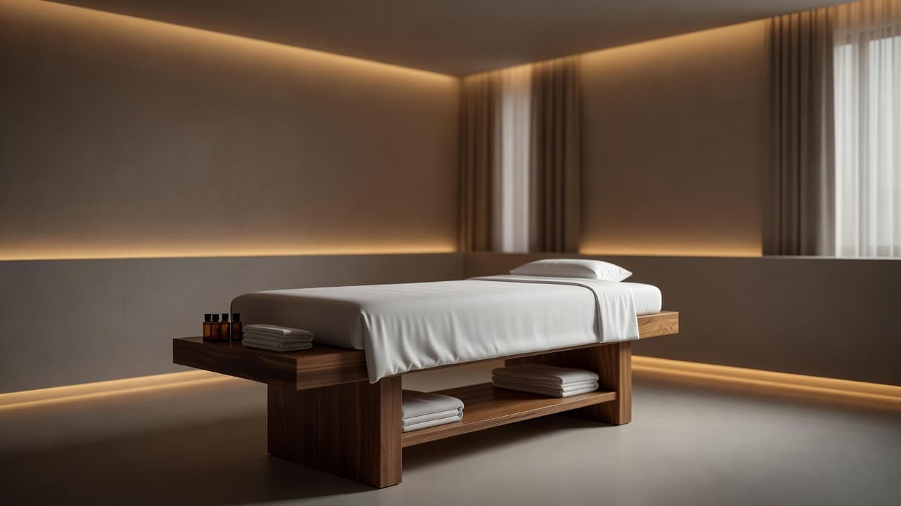 A tranquil treatment room in Nairobi featuring a crisp white massage table and natural wood accents. Soft ambient lighting glows against the minimalist decor to create a professional and serene atmosphere.