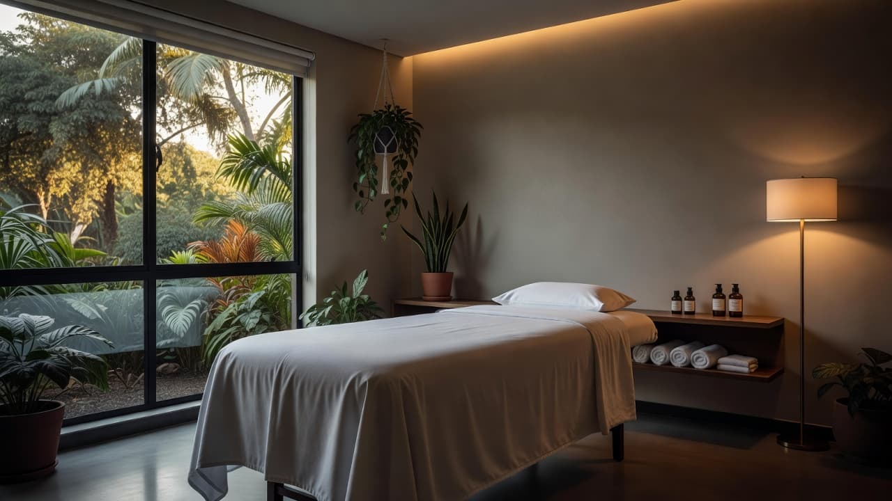 A pristine massage table draped in white linens sits in a minimalist room filled with lush indoor plants. Warm ambient lighting creates a peaceful atmosphere perfect for professional therapeutic bodywork.