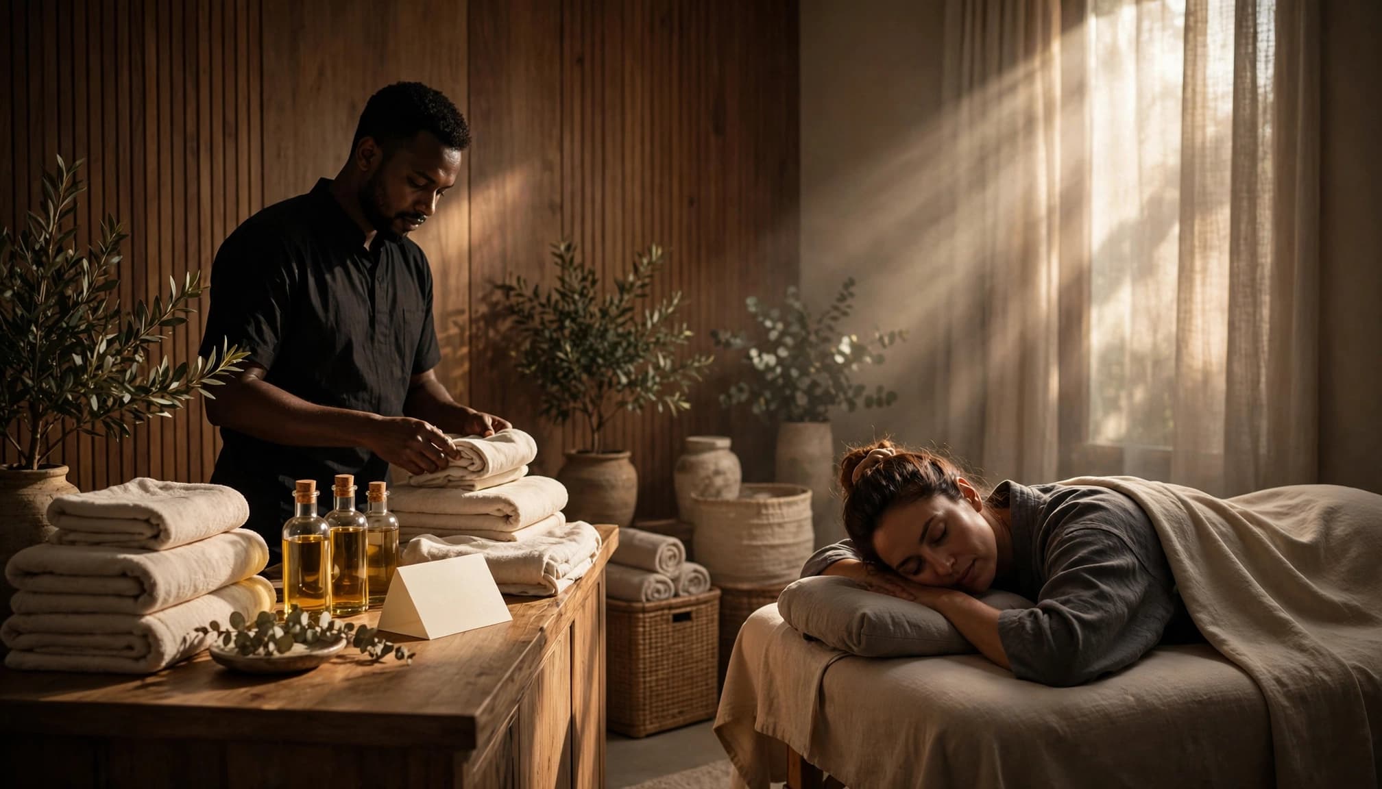 A client rests on a massage table as a therapist prepares a warmly lit spa room.