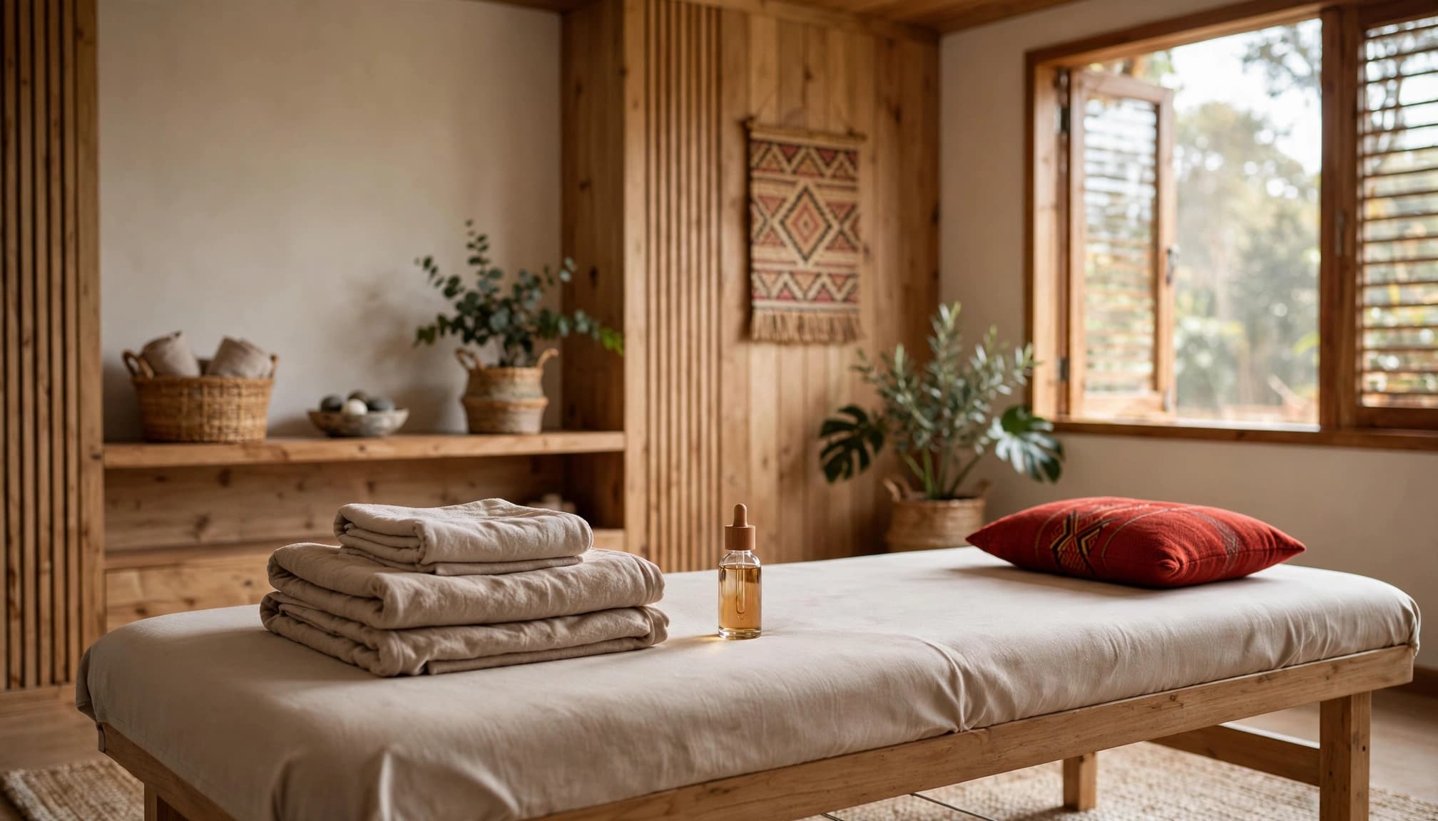 A massage table with folded towels, oil, and a red cushion inside a calm wooden wellness room.