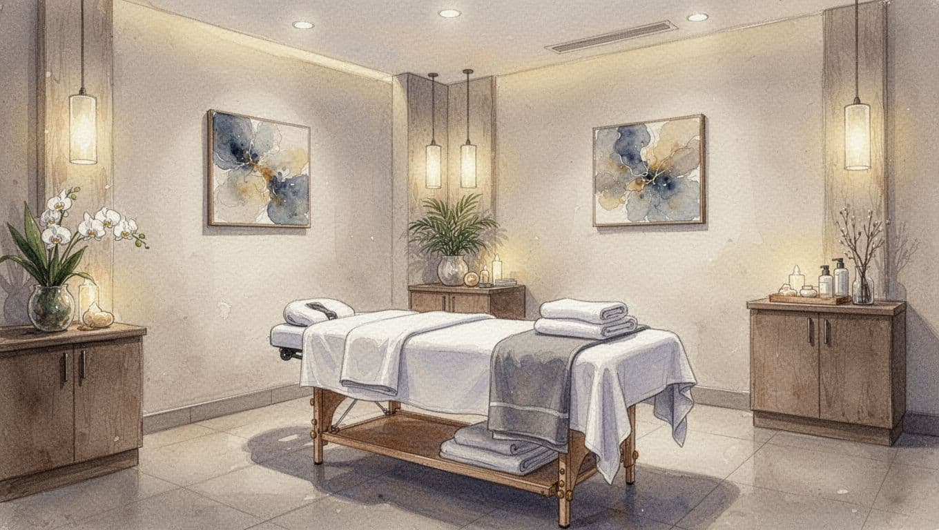 A tranquil therapy room in Kilimani features a professional massage table draped in clean linens. Soft warm lamps illuminate the watercolor-textured walls, creating a peaceful sanctuary for therapeutic relaxation and wellness.