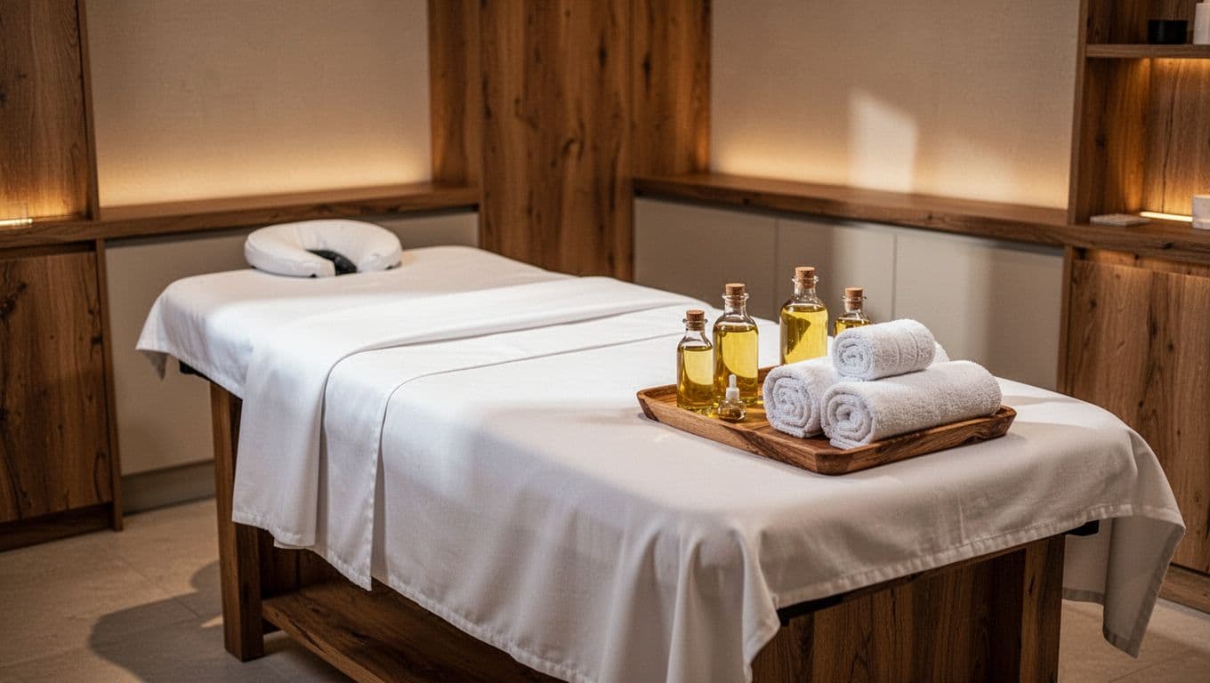 A massage table with white linens and oil bottles in a serene wellness spa.