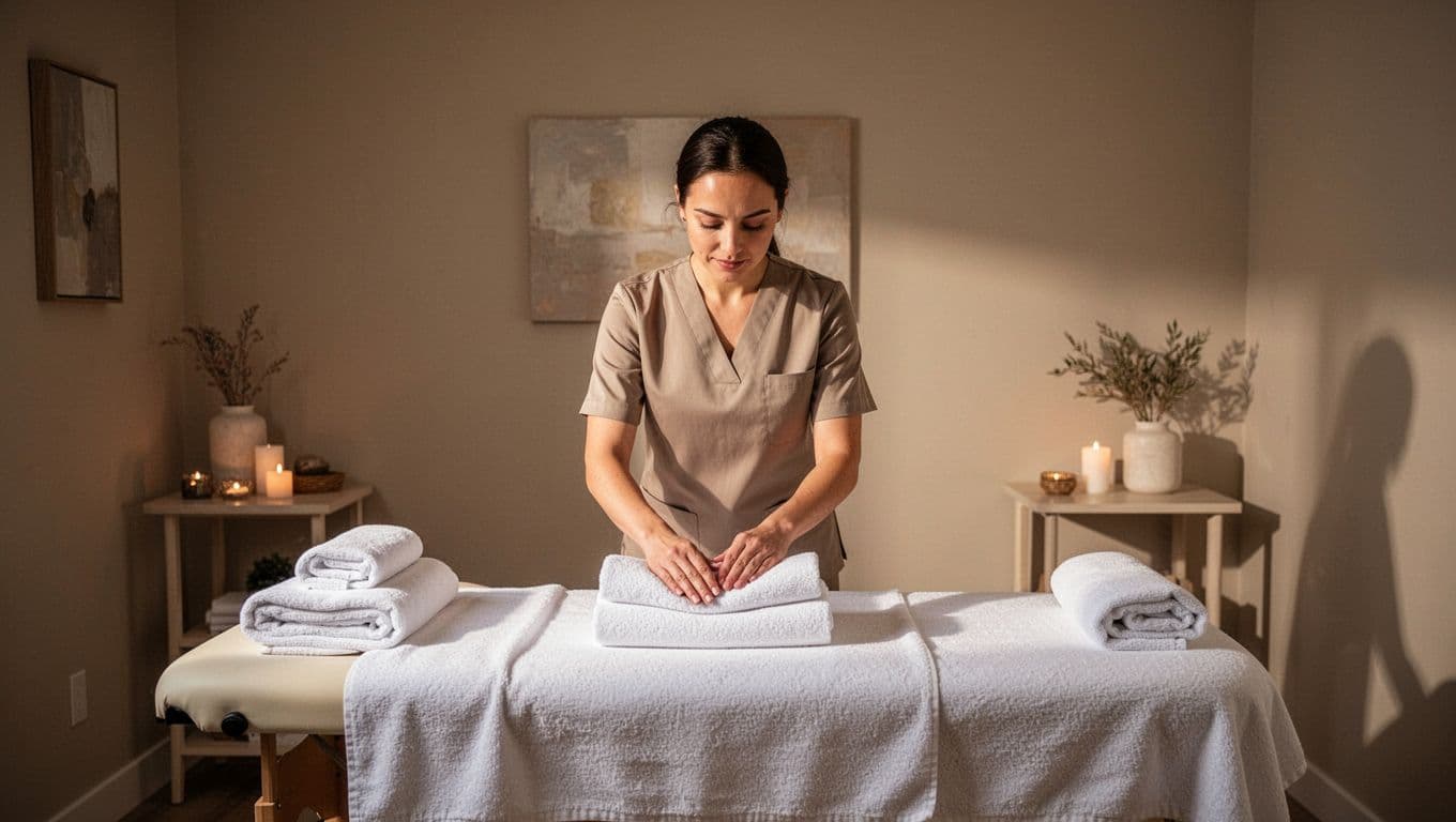 Massage therapist arranging white towels in a softly lit treatment room.